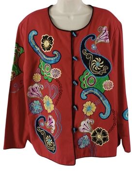 Vintage Indigo Moon Embroidered Red Floral Paisley-Print Buttoned Blazer Jacket